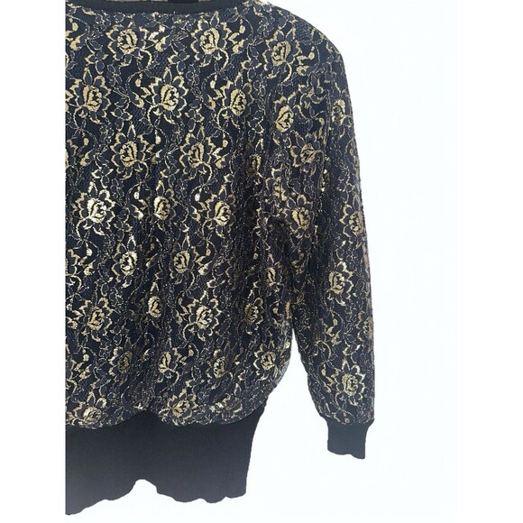 Destinee Womens S 70s Lambswool Sweater Black Gold Metallic Floral Lace Vintage - Picture 13 of 16